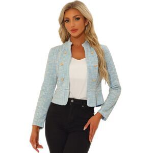 Tweed Jackets for Women's Stand Collar Open Front Jacket Light Blue